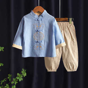 儿童古装汉服男童唐装宝宝周岁生日礼服开学节日学校活动礼服棉麻
