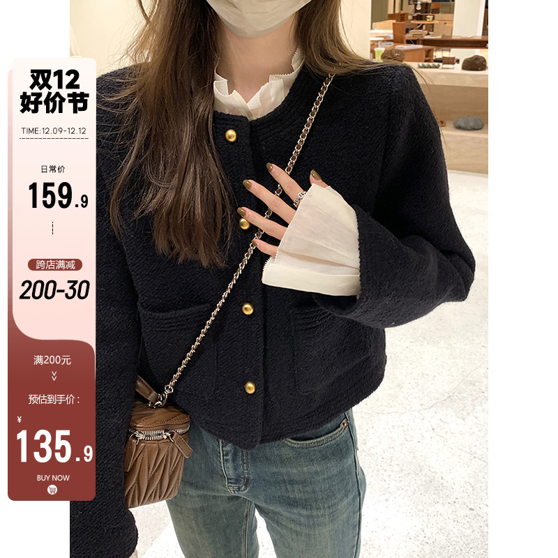 乌77赫本风黑色小香风外套女2023新款气质垫肩毛呢短上衣开衫秋冬