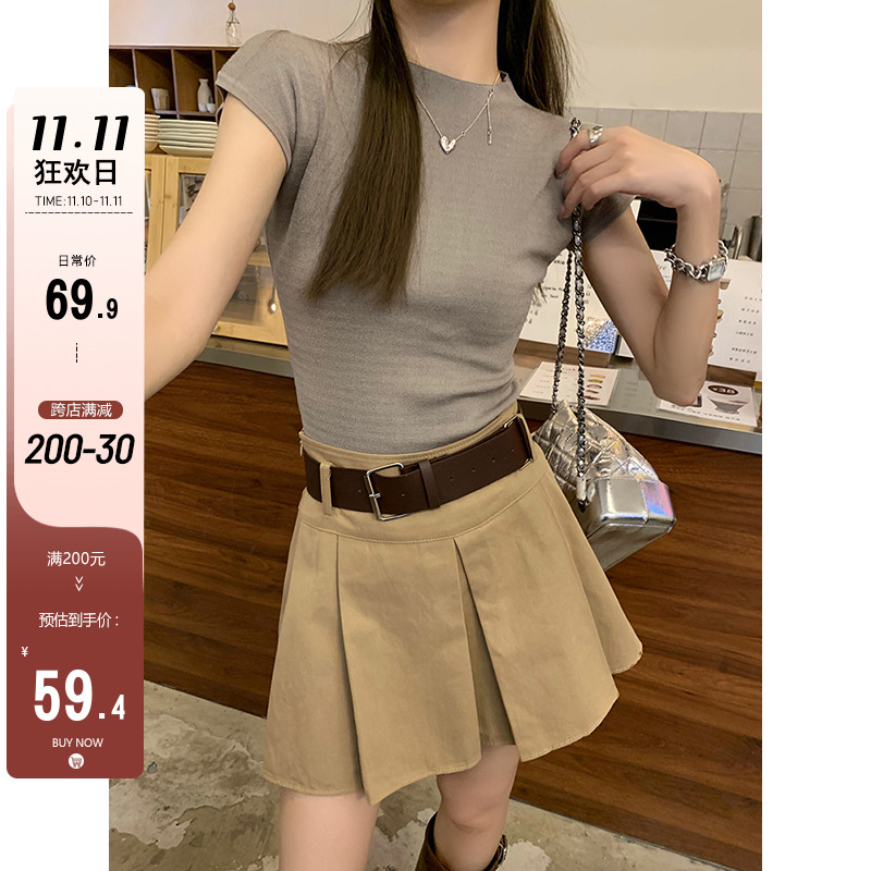 乌77美式复古高腰百褶半身裙小个子裤衬显瘦遮肉a字短裙女配腰带