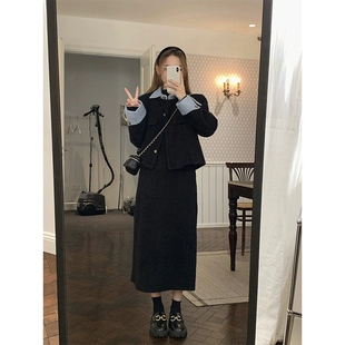 小香风羽绒服毛呢a字半身裙两件套冬季 乌77气质名媛套装 裙女法式
