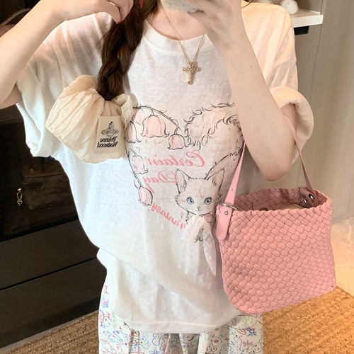 春夏猫咪印花落肩袖短袖T恤女夏季薄款透气宽松休闲上衣0402d