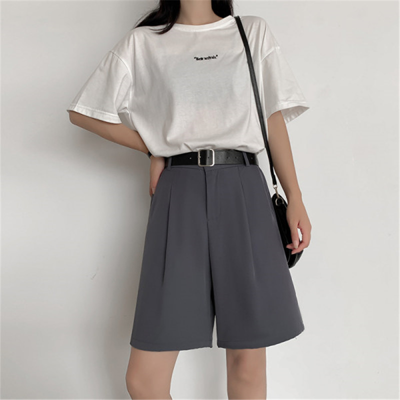 SUIT SHORTS WOMENS SUMMER LOOSE WIDE LEG PLUS SIZE 2024 NEW HIGH WAIST STRAIGHT CUFFLINKS CASUAL PANTS CROPPED PANTS