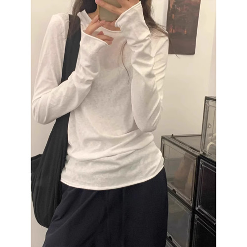 夏季白色打底衫女薄款chic卷边松弛感长袖T恤基础款简约内搭0412d