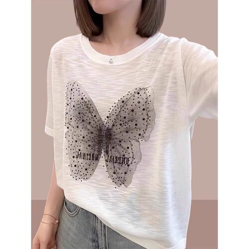 夏季短袖棉t恤女2026新款夏季宽松百搭蝴蝶提花烫钻圆领薄款0412d