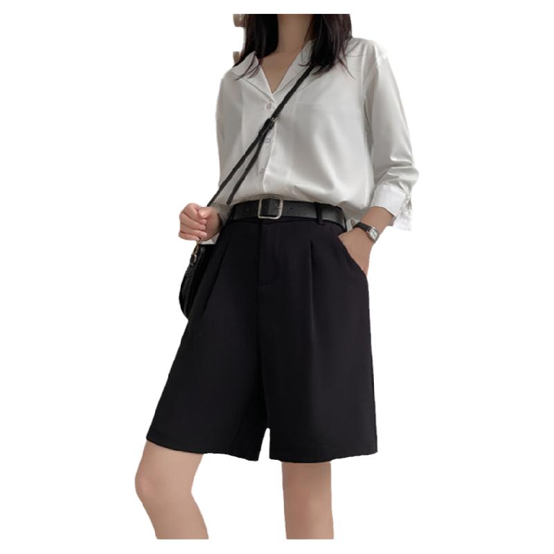 SUIT SHORTS WOMENS SUMMER LOOSE WIDE LEG PLUS SIZE 2024 NEW HIGH WAIST STRAIGHT CUFFLINKS CASUAL PANTS CROPPED PANTS