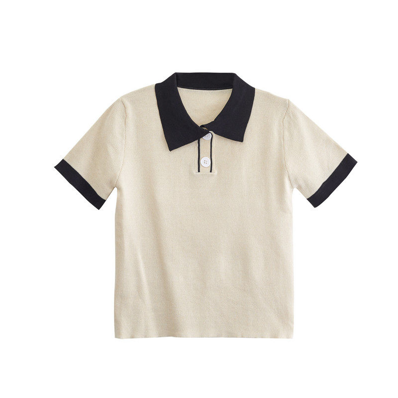 HARAJUKU STYLE KNITTED SHORT SLEEVE T-SHIRT WOMENS CUFFLINKS 2024 SUMMER POLO COLLAR VERSATILE SLIM SLIM CROP TOP