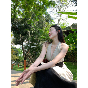 Floating100亚麻 连衣裙 黑白拼色挂脖吊带背心裙女度假风气质无袖