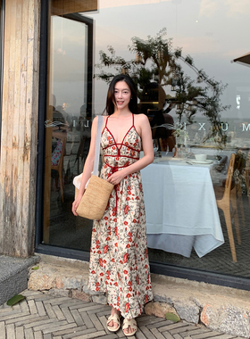 Floating【山茶红】重工棉麻刺绣 高定设计感法式气质吊带连衣裙