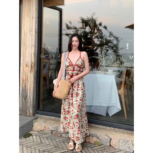 高定设计感法式 重工棉麻刺绣 气质吊带连衣裙 山茶红 Floating