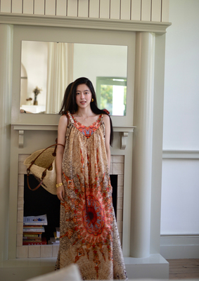 Floating明媚女神 太阳花定位花度假风植物系气质无袖吊带连衣裙