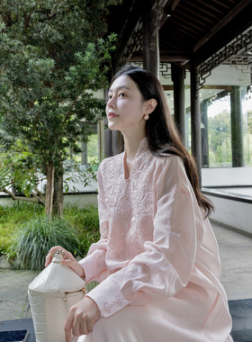 Floating 新中式刺绣立领国风苎麻连衣裙套装女清冷感气质长裙