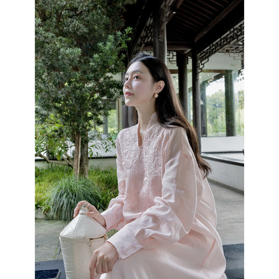 Floating 新中式刺绣立领国风苎麻连衣裙套装女清冷感气质长裙