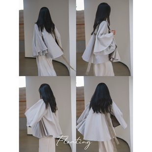 Floating乌木缝雨 灰调飘带设计高级感天丝棉气质松弛斗篷风衣