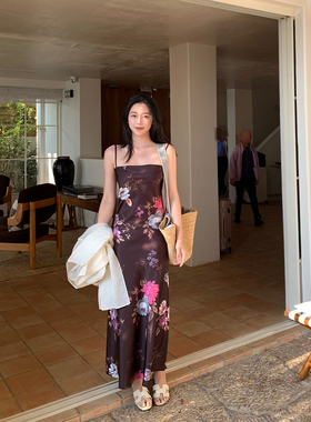 Floating vintage DVN风 浪漫印花斜裁法式气质度假风吊带连衣裙