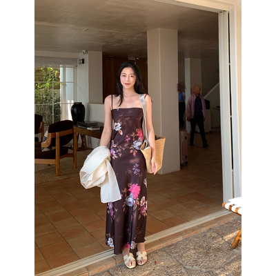 Floating vintage DVN风 浪漫印花斜裁法式气质度假风吊带连衣裙