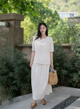 Floatin浅夏 亚麻棉刺绣短袖上衣+半身裙套装气质文艺时尚两件套