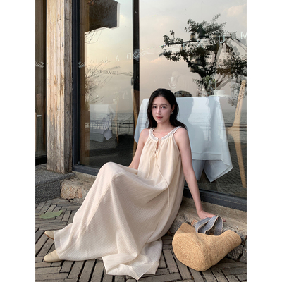 Floating 重工天丝钉珠设计感无袖连衣裙女度假风法式气质长裙