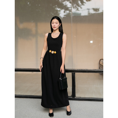 Floating手工钉花 收腰扭结露背设计背心连衣裙法式赫本风小黑裙