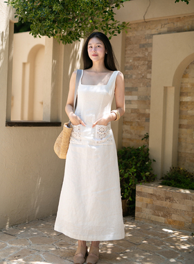 Floating100亚麻 法式刺绣背心小白裙度假风气质收腰无袖连衣裙