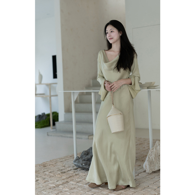 Floating 和田玉色/铜氨丝斜裁荡领连衣裙女优雅气质高级感长裙