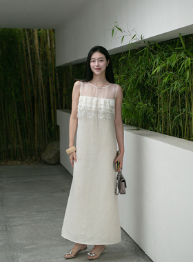 Floating 重工蕾丝拼接银色气质优雅度假风亚麻背心连衣裙/半身裙