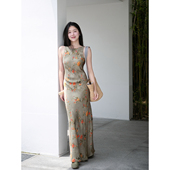 背心裙气质收腰旗袍国风无袖 Floating人丝印花 斜裁新中式 连衣裙