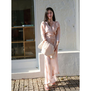 Floating 高支人丝印花裹身裙温柔风气质V领连衣裙 定染渐变晕染