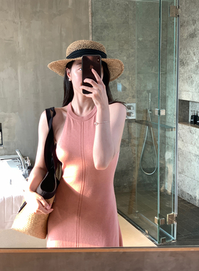 Floating100羊毛削肩无袖背心长裙女夏粉色度假名媛风针织连衣裙