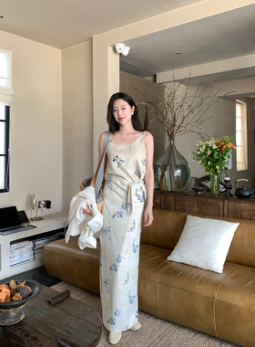 Floating 蓝铃雾 清冷感人丝印花裹身裙女气质禅意风无袖连衣裙