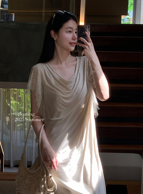 Floating 针织蕾丝拼接袖荡领天丝连衣裙女夏季清冷感气质长裙