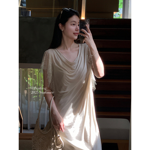 清冷感气质长裙 荡领天丝连衣裙女夏季 Floating 针织蕾丝拼接袖