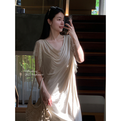 Floating 针织蕾丝拼接袖荡领天丝连衣裙女夏季清冷感气质长裙