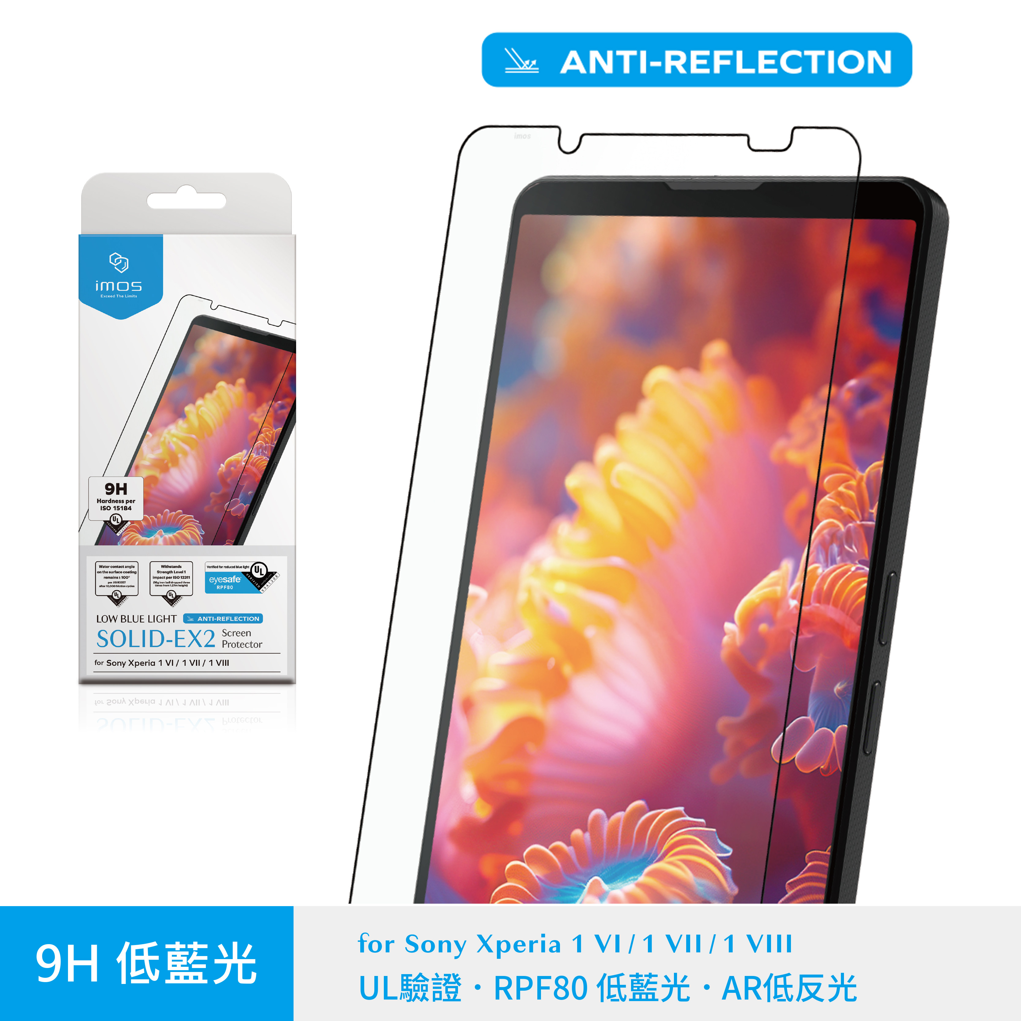 imos适用于索尼Xperia1VIII/1VII/1VI低反射AR增透抗反光护眼钢化玻璃保护贴膜RPF80低蓝光顺滑高