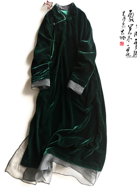 云澍原创 真丝绒中式连衣裙墨绿色文艺气质V领长裙秋季