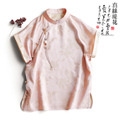 休闲通勤上衣T恤女夏季 国风盘扣立领短袖 真丝提花新中式 云澍原创