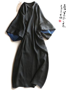 云澍原创 黑色素绉缎香云纱宽松倒大袖连衣裙早秋盘扣桑蚕丝长裙