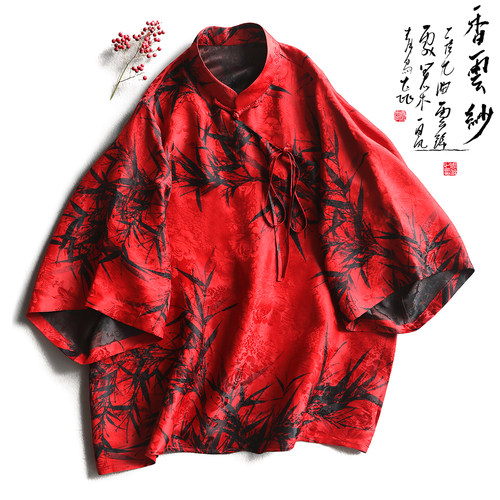 云澍香云纱竹叶印花中式红色上衣