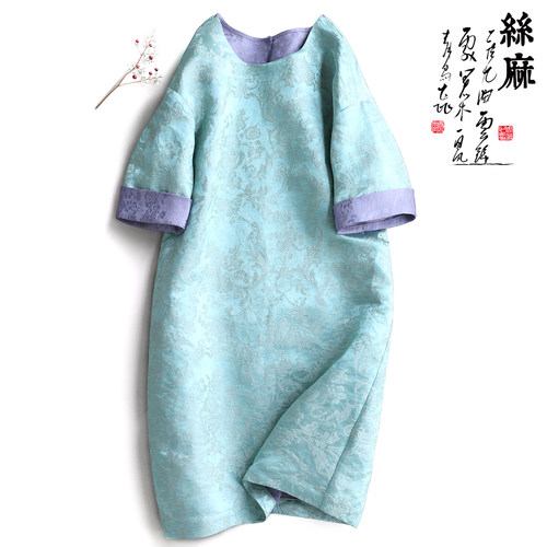 云澍丝麻新中式改良连衣裙撞色