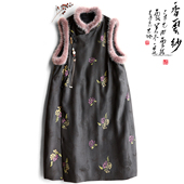 云澍手绘提花缎香云纱新中式 水貂毛领复古国风加棉马甲连衣裙子冬