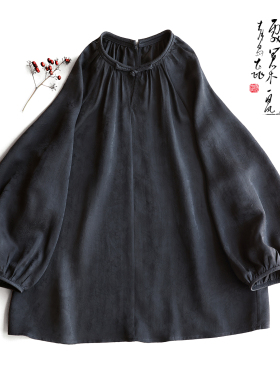 云澍 35姆米小重磅香云纱新中式宽松大码圆领盘扣灯笼袖上衣T恤女