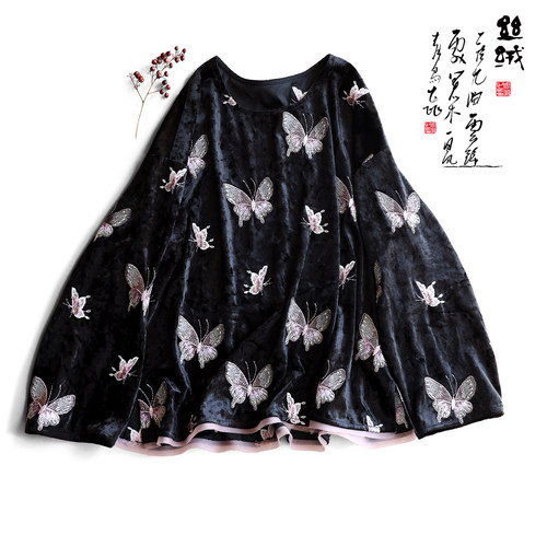 云澍丝绒拼接新中式宽松圆领上衣