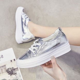 银色真皮内增高小白鞋女头层牛皮镂空透气2025新款休闲百搭板鞋女