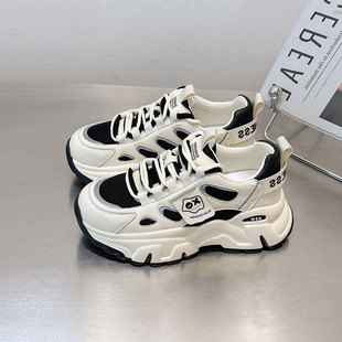 加绒轻便软底真皮休闲运动鞋 秋冬季 子显脚小 女2025新款 厚底老爹鞋