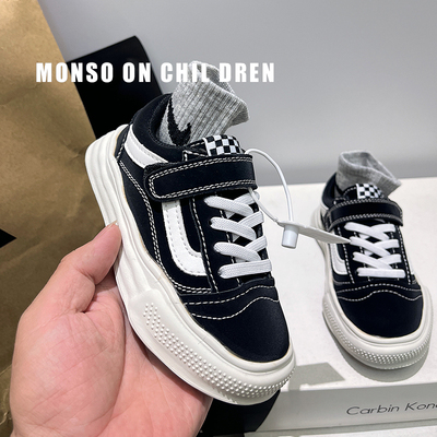 男童板鞋儿童真皮运动鞋黑色休闲鞋万斯款2025春秋季新款防滑软底