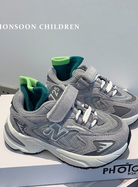 真皮N字儿童休闲运动鞋男童鞋子2025春秋季新款女童中大童灰色鞋