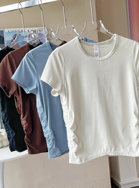 Lu家收腰打褶T恤显瘦nul*系抽绳螺纹运动速干瑜伽短袖体恤上衣女