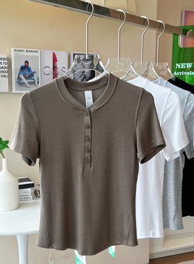 lu家hold莫代尔瑜伽上衣V领弹力修身显瘦短袖亨利衫T恤女打底