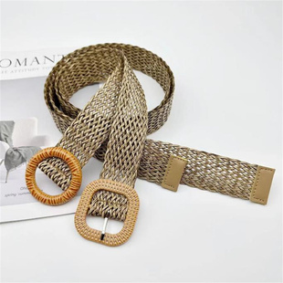 新品女士民族风编织腰带森女系百搭草绳编织塑料圆扣皮带 厂家现