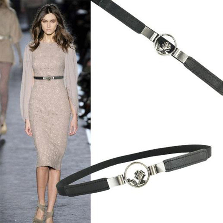 时尚黑色细腰带女小花朵装饰连衣裙子松紧腰封女简约百搭皮带女秋