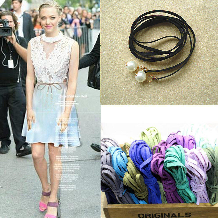 森系田园小香风细腰带 韩国绒珍珠流苏米紫绿咖墨蓝色女腰饰腰绳